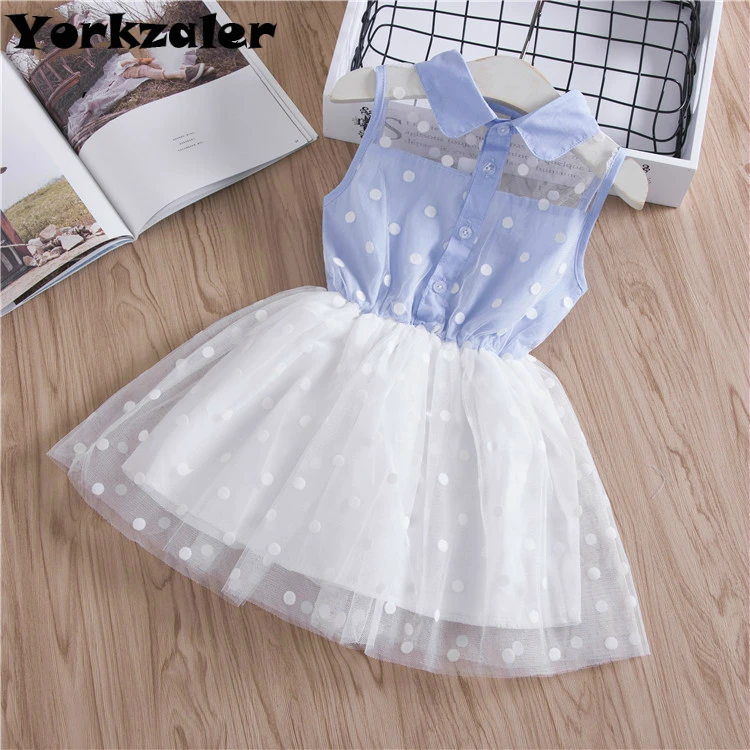 

Girls Blue Dress Sleevless Dot Casual Summer Dress Baby Girls Dress Multi Yarn Mesh Dress Clothes Children Clothing