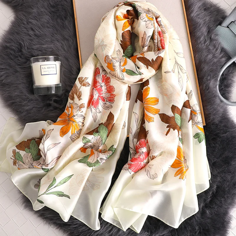 Шелковый шарф женский Шали Обертывания люксовый бренд путешествия Пашмина, хиджаб шарфы женские пляжные шарфы платок женский шейный платок парео пончо женское - Цвет: FS435-White