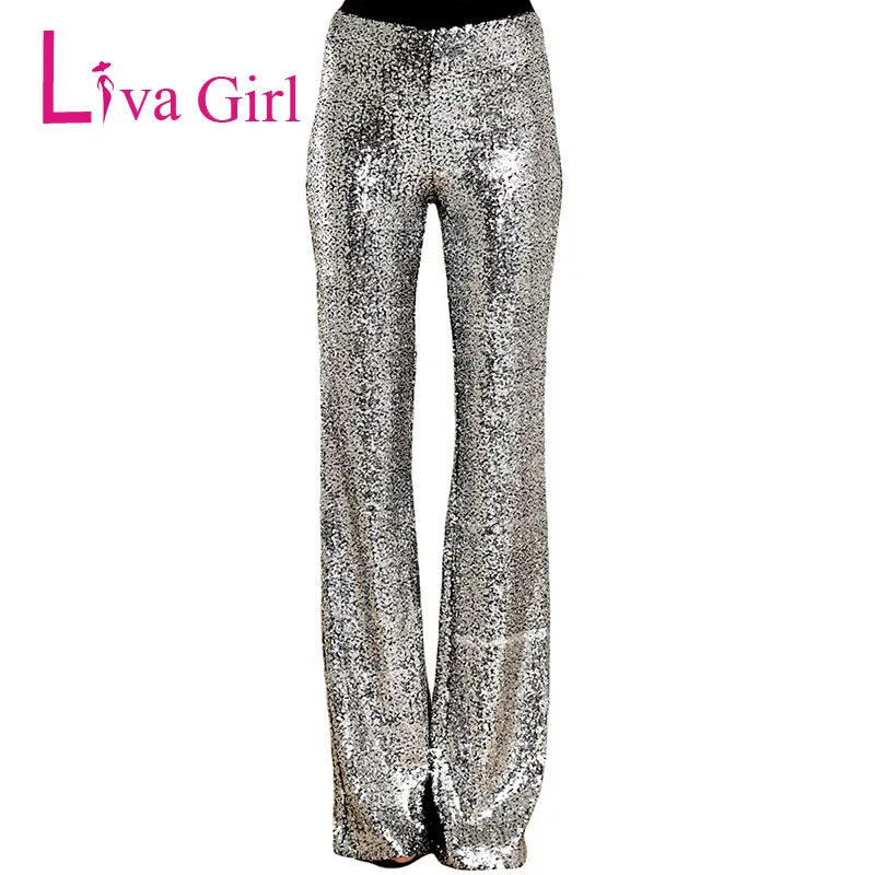LIVA/брюки с блестками для девочек; широкие длинные брюки; серебряные блестящие женские эластичные брюки с высокой талией; брюки для танцев; Cintura Alta
