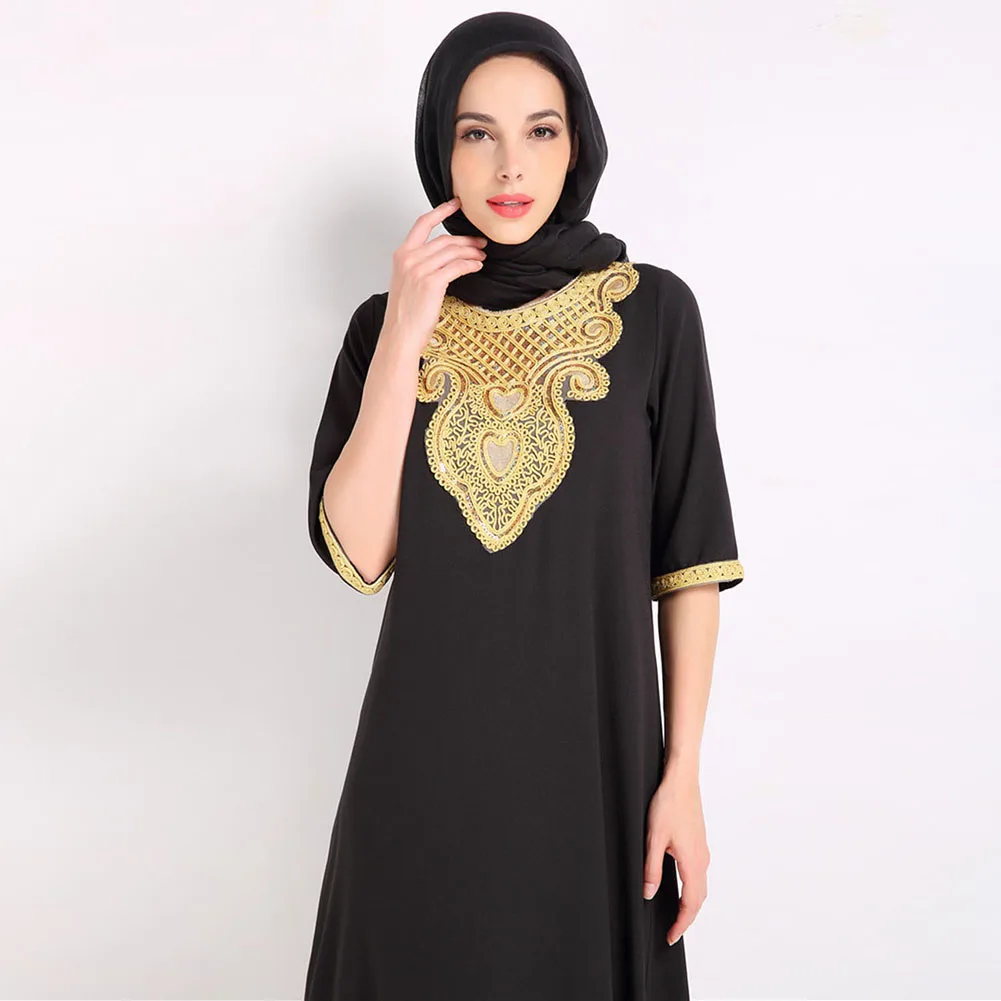 Opslea Dashiki мусульманская золотая вышивка, макси-платье для женщин, 3/4 рукав, длинная юбка, Африканский исламский стиль, воротник, цветочный