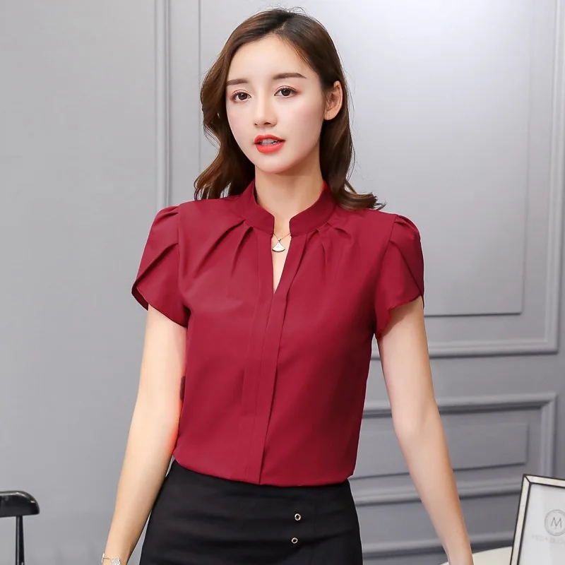 Women V Neck Chiffon Blouse Short Sleeve Solid Color Shirt Large Sizes Bodycon Elegant Ladies Autumn Fashion Shirt