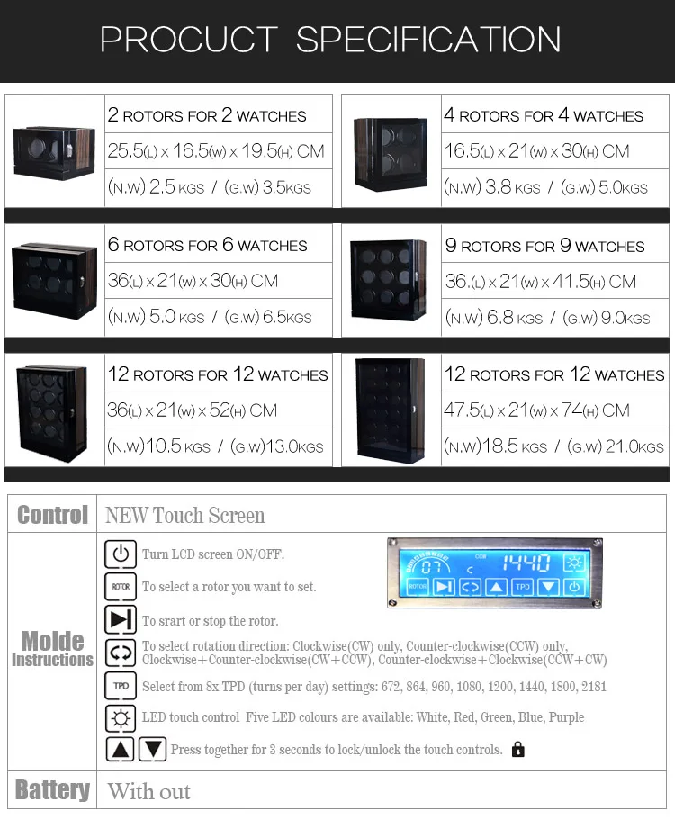 Отличная 12 автоматическая коробка для намотки часов с японским мотором MABUCHI, коробка для хранения с сенсорным ЖК-экраном высокого качества