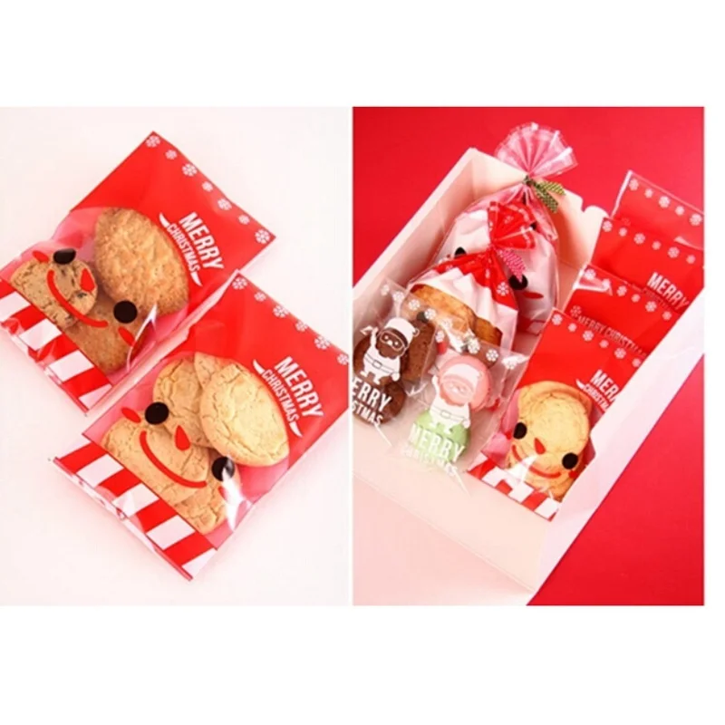 100pcs Christmas Candy Cookies Bags Gift OPP Packing Pouch Self Adhesive Santa Cellophane Party Treat Cake Gift Bag Xmas Decor