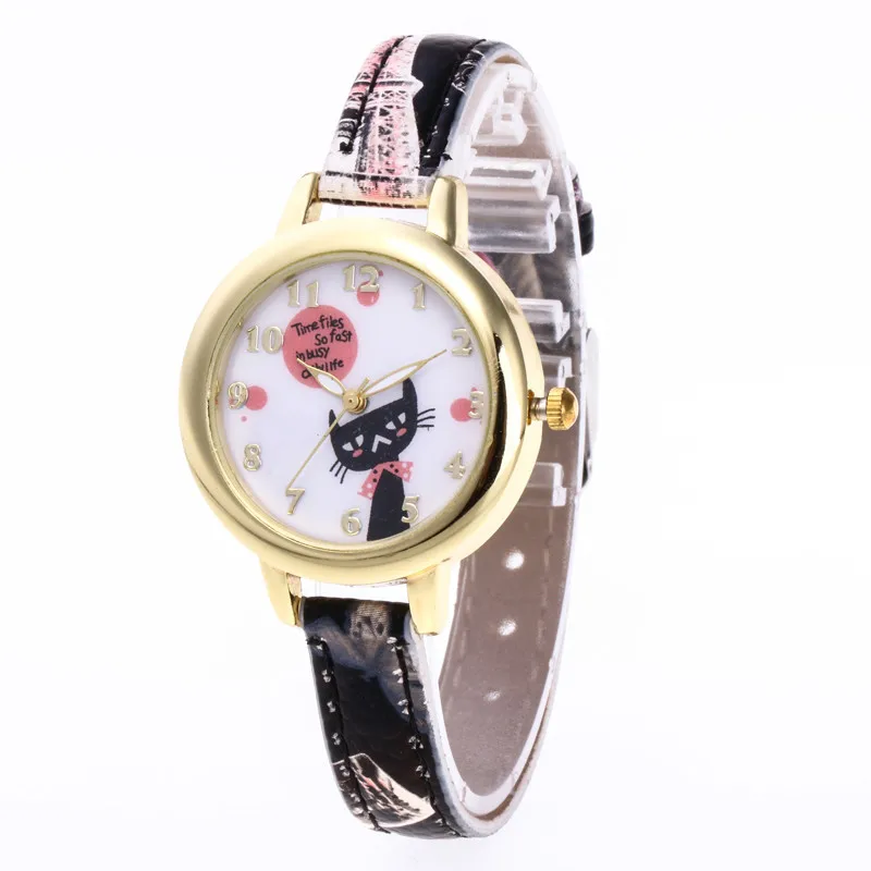 Горячая Женская мода с рисунком кота, круглые часы с циферблатом, кожаный ремешок, платье, темперамент, кварцевые наручные часы, подарок, Relogio# A