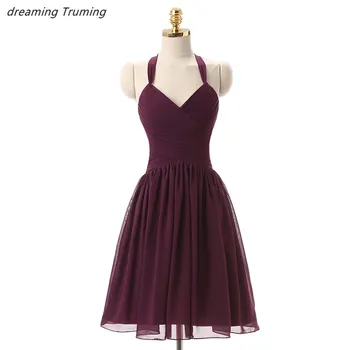

Short Chiffon Burgundy Bridesmaid Dresses Halter Neck A Line Maid Of Honor Dress vestidos de madrinha Real Image