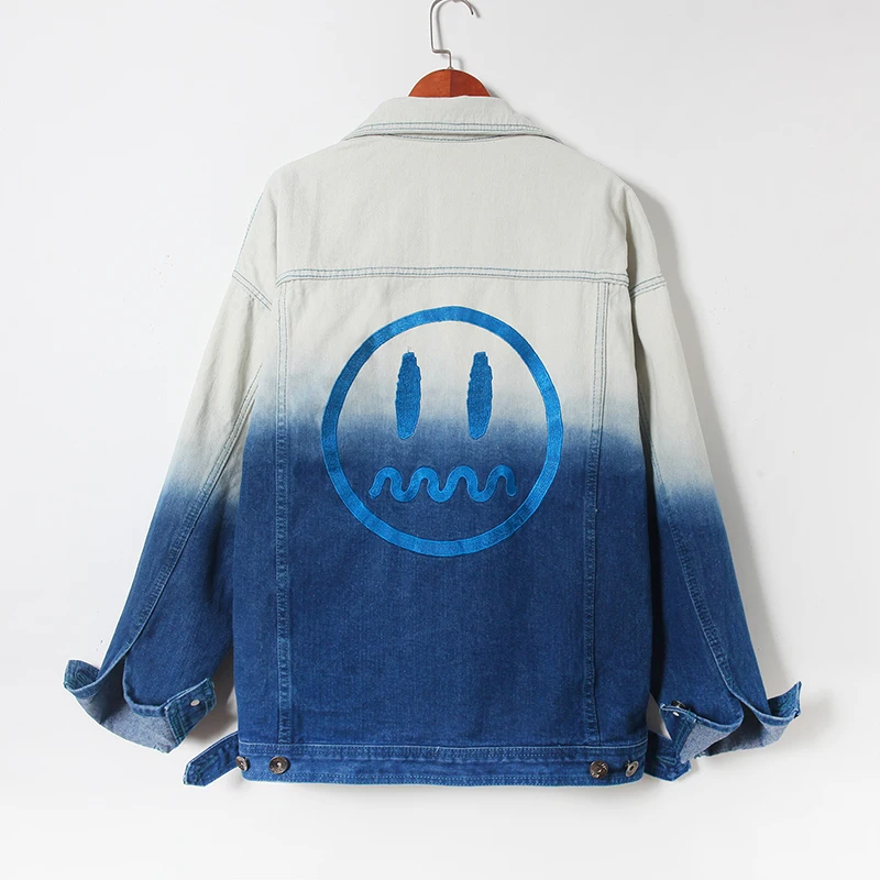 

#3144 High Street Gradual Color Denim Jacket Women Smile Printed Streetwear Hip Hop Jacket Loose Harajuku Jeans Jacket Women