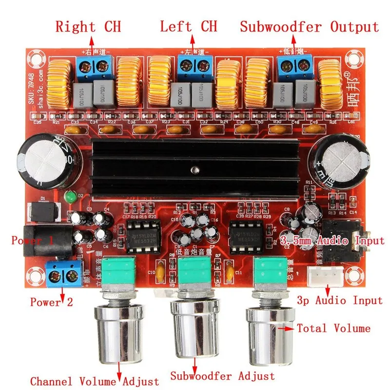 

TPA3116D2 50Wx2+100W 2.1 Channel Digital Car Auto Audio Subwoofer Amplifier Board 12V-24V Power