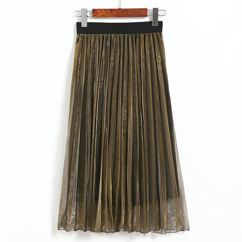 

Qiuxuan Spring Summer Vintage Tulle Pleated Skirt Women Fashion Casual Elastic High Waist Long Skirt Metallic Female Midi Skirts