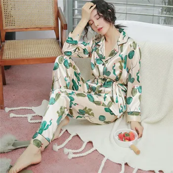 

Women Pajamas Sets with Pants Satin Sleepwear Flower Print Sexy Silk Pijama Long Sleeve Fashion Nightsuits Pyjama