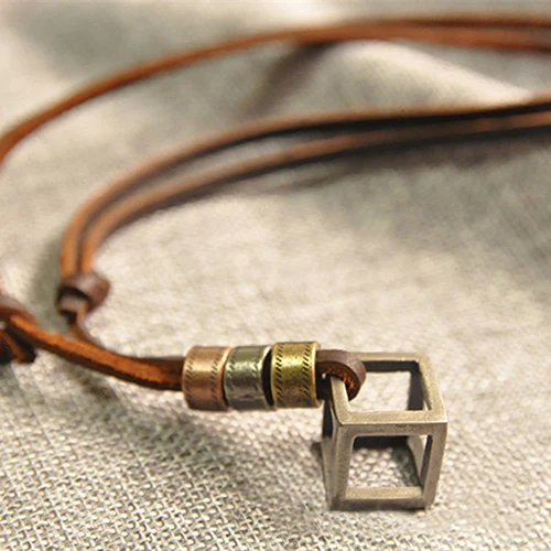 

Men's Women's Punk Retro Style Leather Rope Hollow Cube Pendant Choker Necklace
