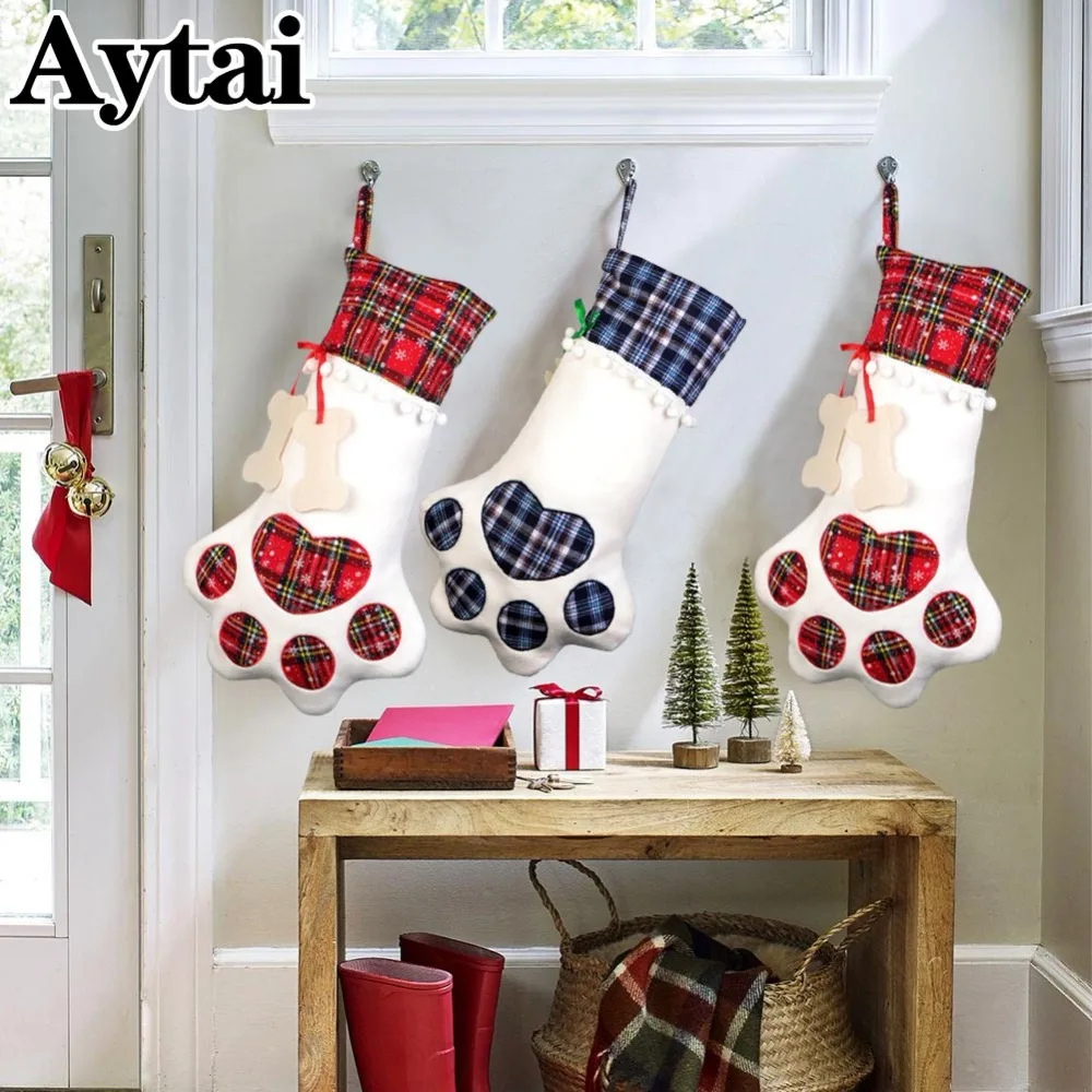 

Aytai Pet Christmas Stocking Dog Paw Plaid Gift Bag Animal X-mas Stocking for Kids Candy Bag Gifts Christmas 2018 Indoor Decor