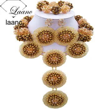 

Laanc Golden and Gold AB Crystal African Necklace Nigerian Beads Jewelry Set for Women AL674