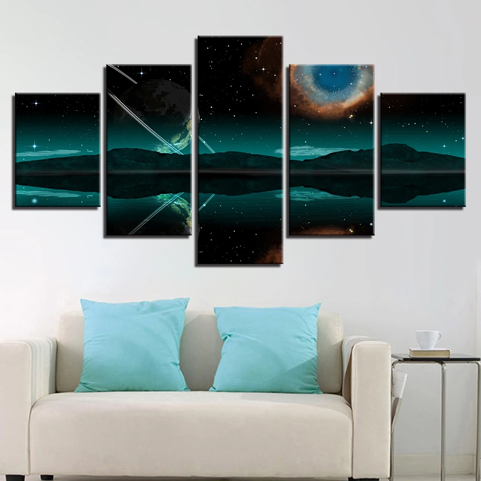 

Pictures Modern Printing Wall Art 5 Pieces Mountain Lake Abstract Planet Aurora Night View Canvas Painting Modular Decor Bedroom