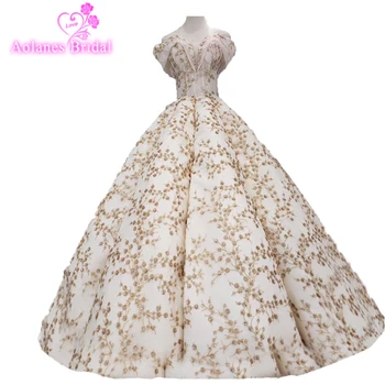 

Gorgeous Ball Gown Evening Dress 2019 Robe Soiree Dubai Off The Shoulder Sweetheart Beading Gold Lace Waves Long Prom Dresses