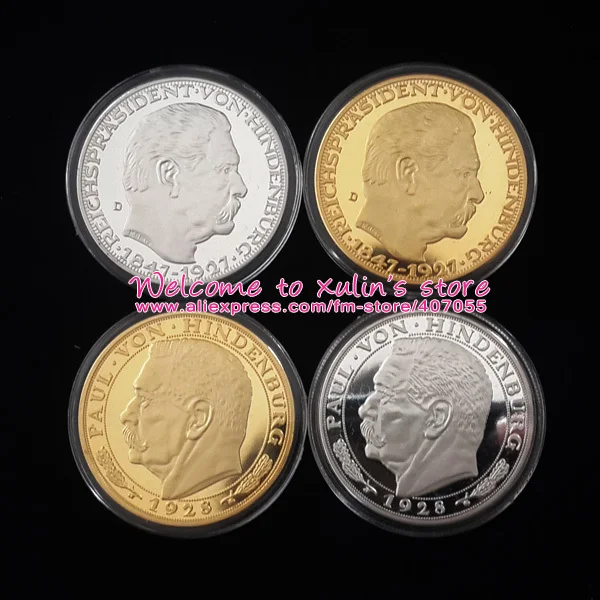 

XDT0010 Germany President Paul Von Hindenburg Head Souvenir Coin Set Total 4 Pcs 2 Silbermedaille+2 Goldmedaille Dia. 40mm