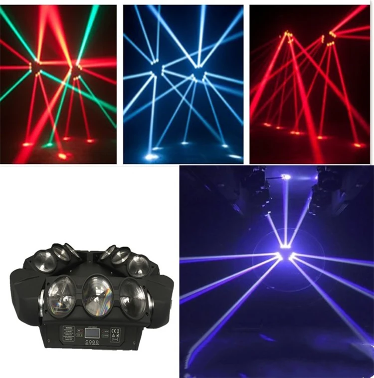 DJ Lights 90W 9LED RGBW Full Color DMX512 Sound Control Auto Rotating 16/48 Channel Mini Triangle Spider Lamp Beam Stage Light for Disco KTV Club Party 