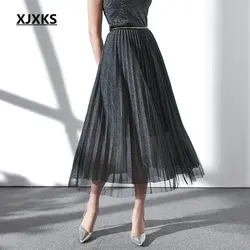 XJXKS удобный однотонный модная женская высокая эластичная юбка шелковая ткань с рюшами верхняя одежда 2019 Женская юбка с высокой талией