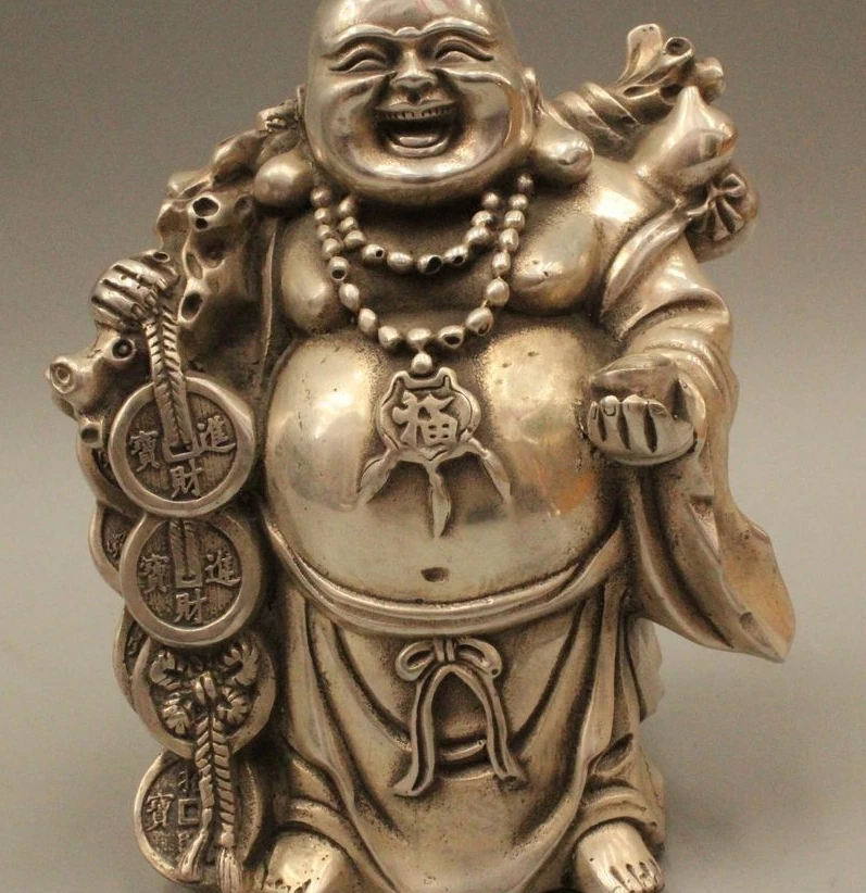 

China Chinese Silver Wealth Happy Laugh Maitreya Buddha Hold Yuanbao Hulu Statue