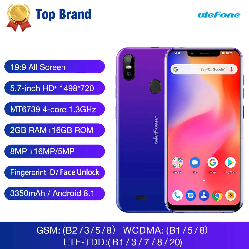 

Ulefone S10 Pro Android 8.1 Mobile Phone 5.7" 19:9 MTK6739 Quad Core 2GB RAM 16GB ROM 13MP+5MP Rear Dual Camera 4G Smartphone
