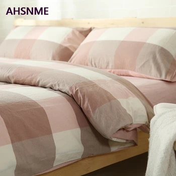 

AHSNME 100% Cotton Nevresim Takimlari Super Soft Bedclothes Bedcover Cool Summer Pink Plaid Duvet Cover comforter parure de lit