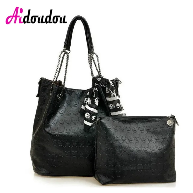 Us 23 97 45 Off 2018 Rock Skull Shoulder Bags Black Women Bucket Bag Pu Leather With Scarvas Female Handbags And Purse Las Casual Chains Tote In