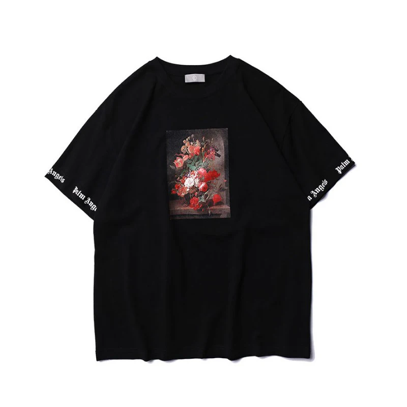 

2019 Summer Flower Letter Printing Palm Angels T-Shirts Round Neck Loose Couple Cotton T-Shirt Black And White Hip Hop Top Tees