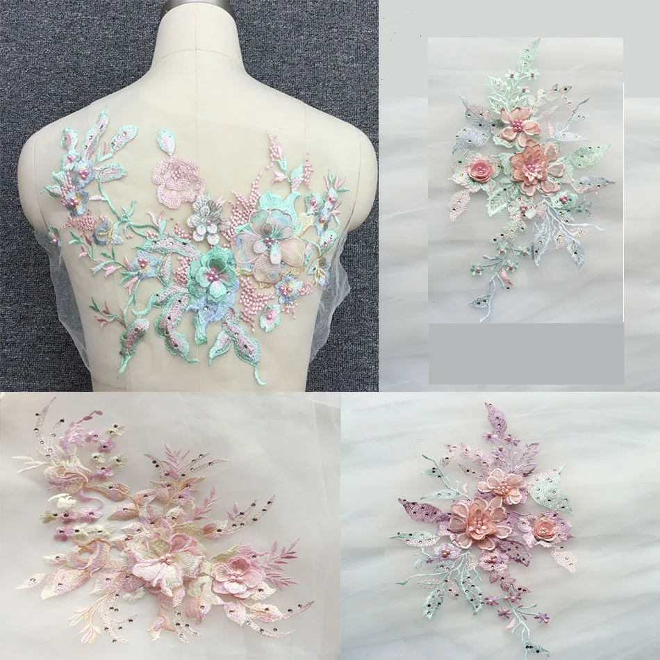 

Lace Embroidery Patches Bridal Beaded Flowers Applique Sticker for with beaded floral patch for Wedding Decor Dress