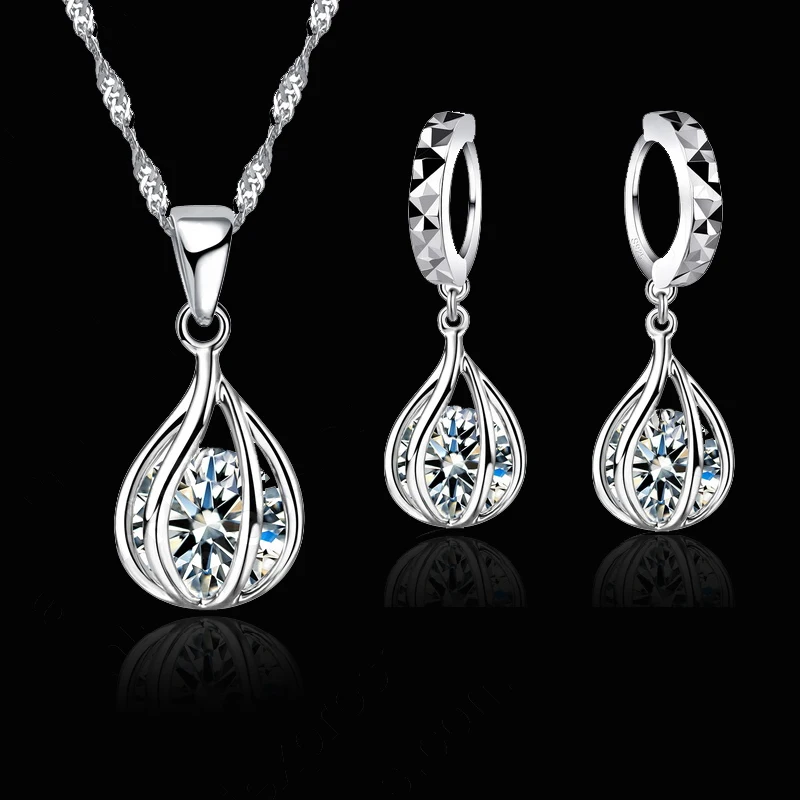 

Charming 925 Sterling Silver Jewelry Set For Women Round Cage Shape Crystal Pendant Necklace Earrings wholesale Retail