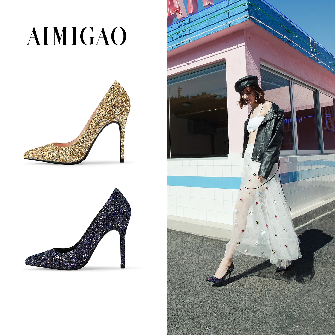 

AIMIGAO Pointed Toe Women Glittering Pumps Shoes Glitter Sexy High Heels Bling Fashion Wedding Party Shoes Pumps 2018 Spring New