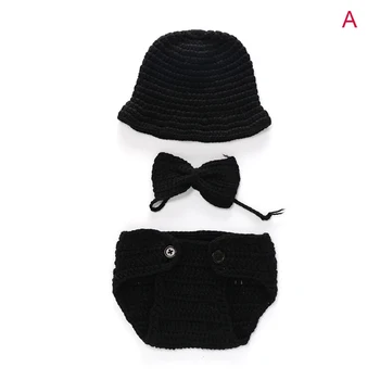 

New Newborn Photography Props Outfits Knitted Hat+Pants+Bowknot Suit Crochet Baby Clothes