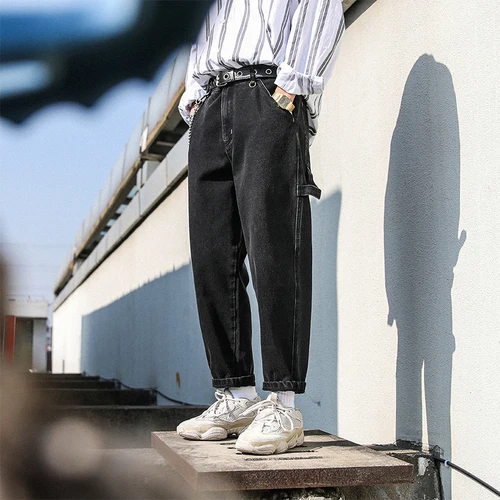 Мужские модные повседневные свободные джинсовые шаровары, мужские джинсы, уличная одежда, брюки в стиле хип-хоп, японские брюки в стиле Харадзюку - Цвет: Черный