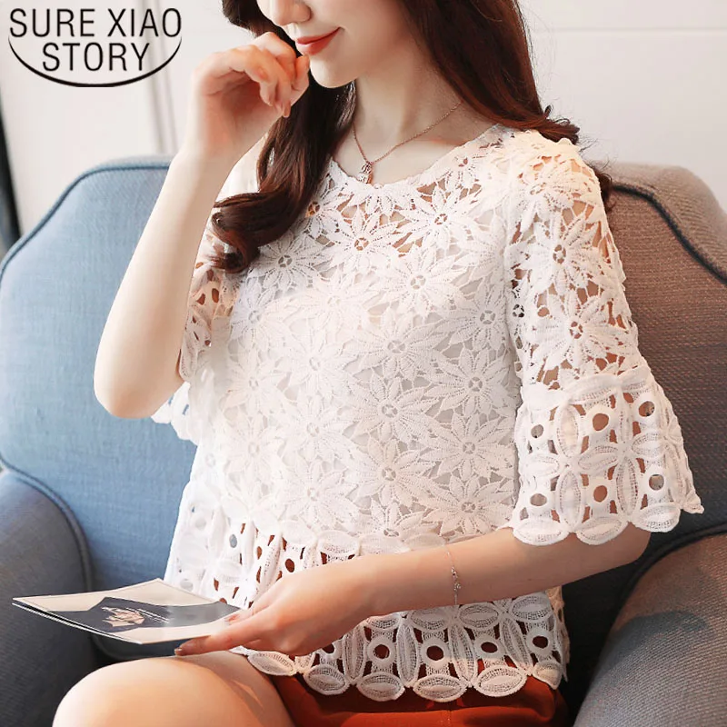 

Korean fashion clothing 2019 shirts women blouse tops ladies tops women shirts Lace Half Solid O-Neck Flare Sleeve 3110 50