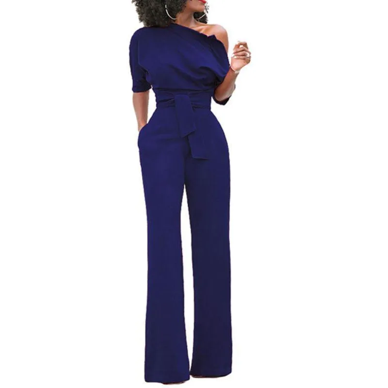 

Women ladies new sexy short sleeve off shoulder jumpsuit wide leg bandage loose solid Jumpsuit&Romper Wide Leg Long Trousers A