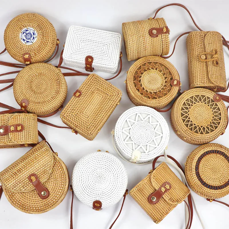 

SMOOZA Woven Rattan Bag Round Straw Shoulder Bag Small Beach HandBags Women Summer Hollow Handmade Messenger Crossbody Bags