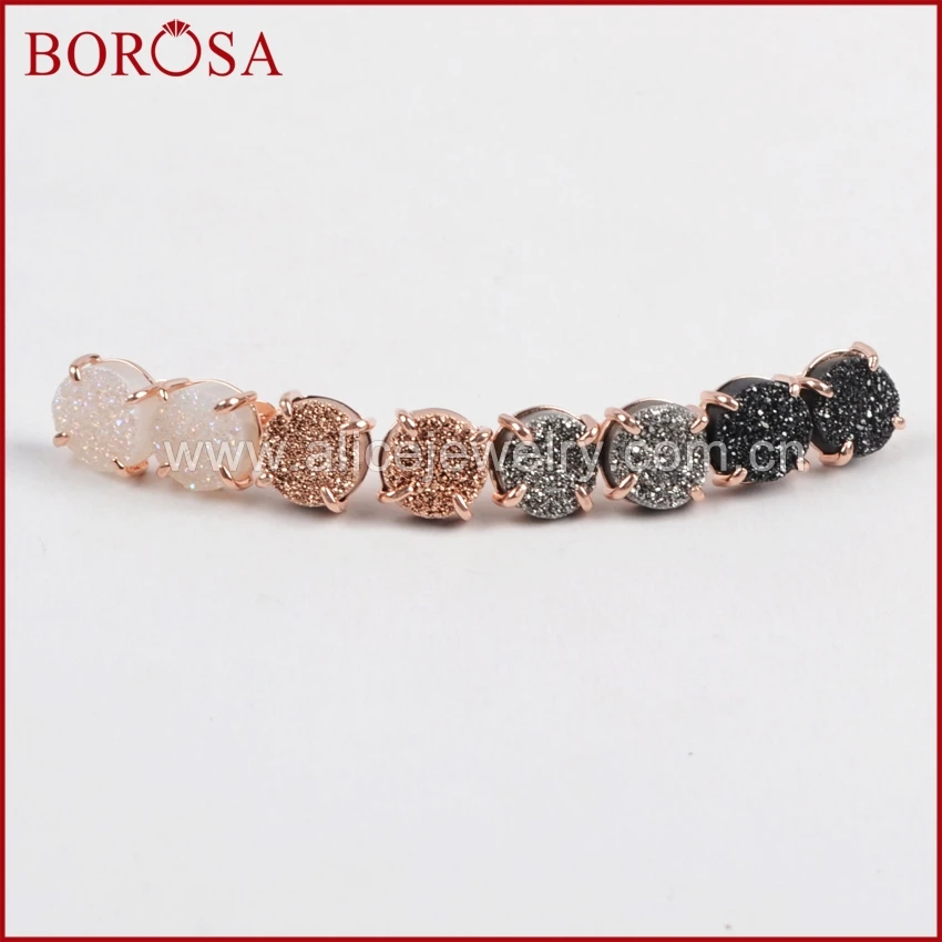 

BOROSA 10mm Round Rose Gold Claw Titanium Multi-color Drusy Stone Geode Natural Druzy Earrings Stud Earrings for Women ZG0132