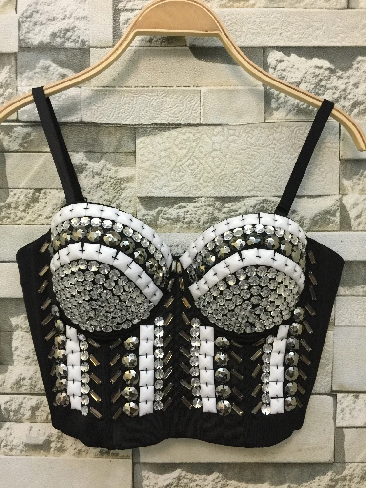 

High quality Queen Rhinestone Bead Bustier Pearls Diamond Push Up Night Club Bralette Women's Bra Cropped Top Vest Plus Size