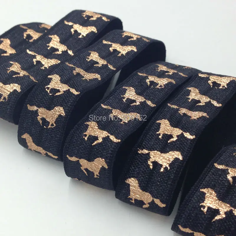 

High Quality 5/8" Horse Print Fold Over Elastic Copper Gold Foil Horse FOE Wholesale Elastic Ribbon for DIY Headwear 100Y/lot