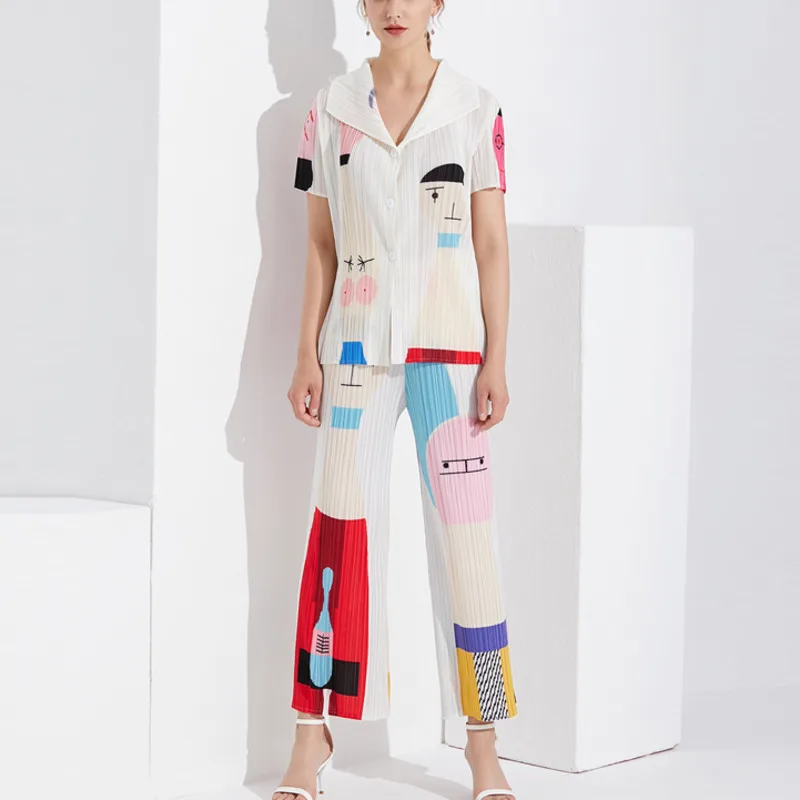 

LANMREM 2019 New Summer Fashion Women Printed Turn-down Half Sleeves Shirt And Straight Loose Pants Set Pleated WG93000