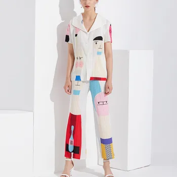 

LANMREM 2020 New Summer Fashion Women Printed Turn-down Half Sleeves Shirt And Straight Loose Pants Set Pleated WG93000