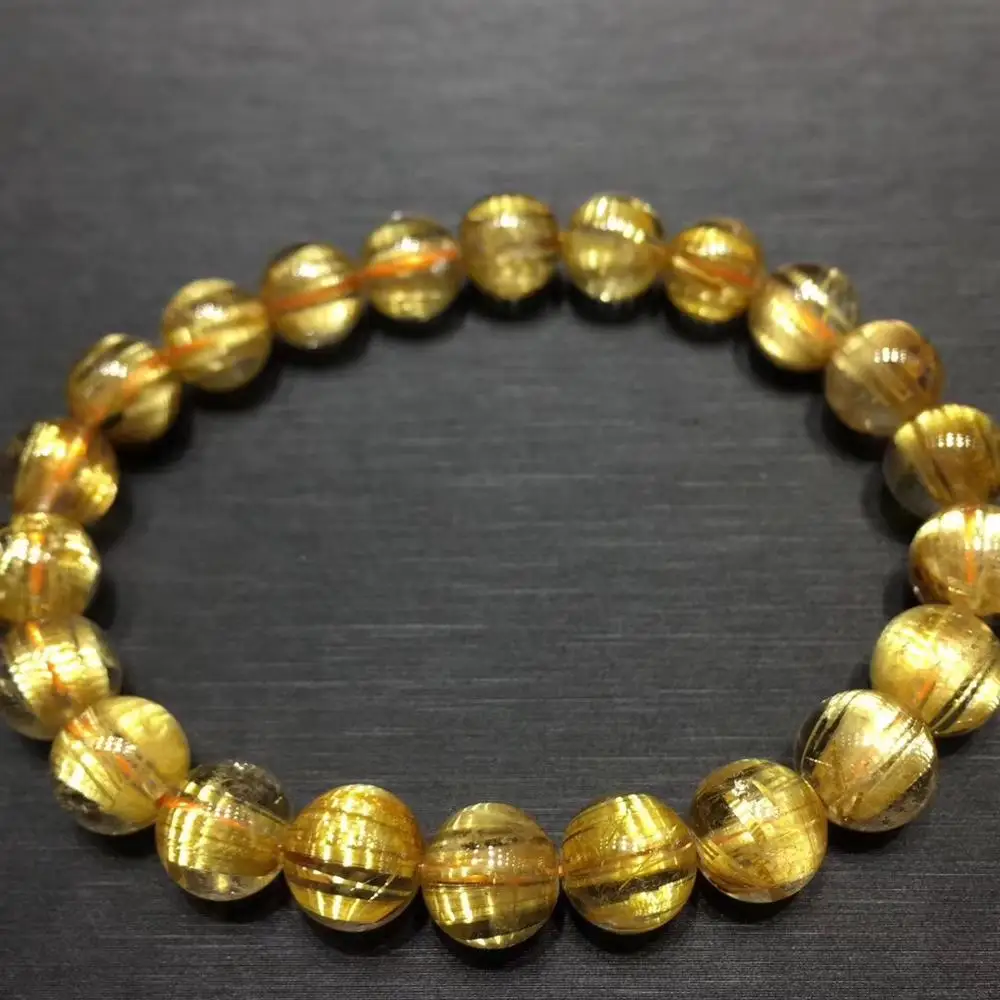 

Certificate Natural Gold Rutilated Quartz Titanium Crystal Woman Man Bracelet Gemstone Round Beads 8.8mm Wealthy Stone AAAAA