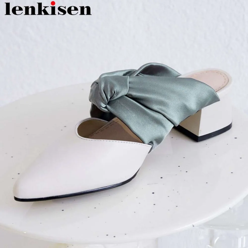 

Lenkisen elegant lady full grain leather chunky heels pointed toe mixed colors bow-knot slingback women pumps slip on mules L05