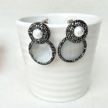 

5 Pairs Natural pearl druzy druse round opal Stone dangle Earrings,handmade Pave Crystal Rhinestone Charm Earring Jewelry ER461