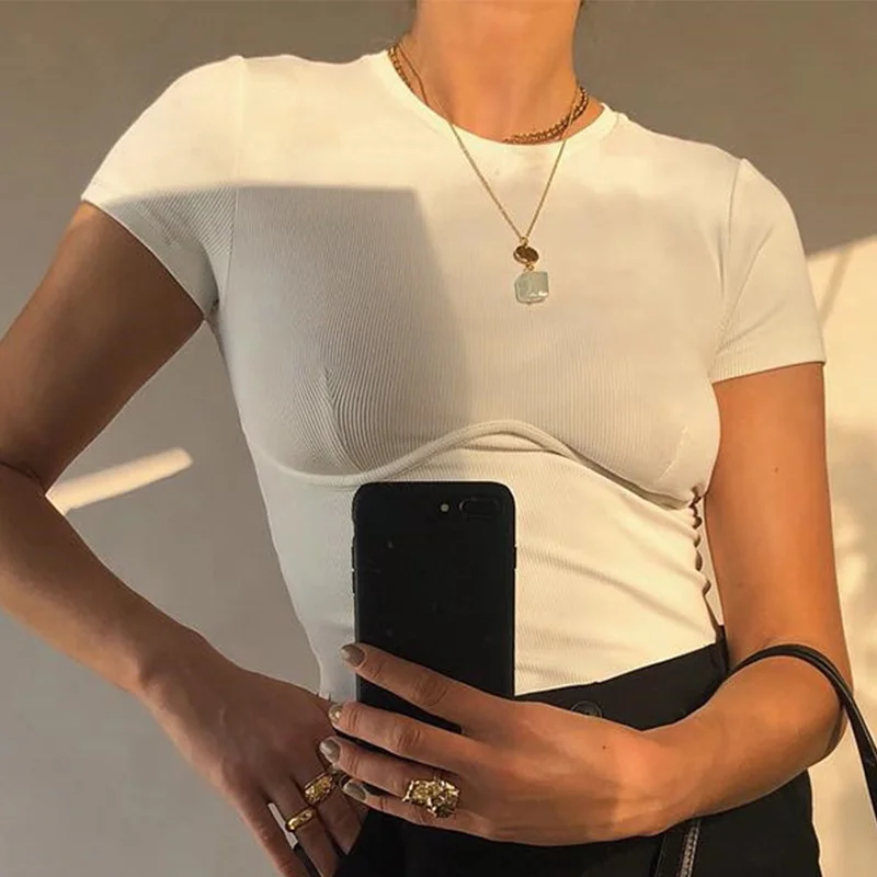 

Knit Ribbed White Sexy Women's Cropped T Shirts Tops Plain Short Sleeve O Neck Crop T-Shirt 2019 Summer Baisc Solid Casual Top