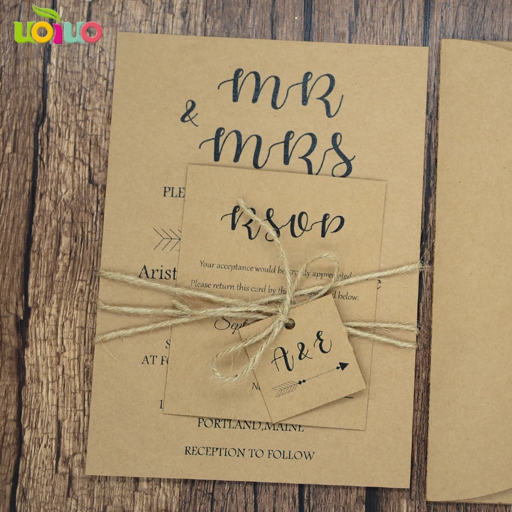 50pc print Kraft Wedding Invitation Cards Kraft Envelope print rsvp