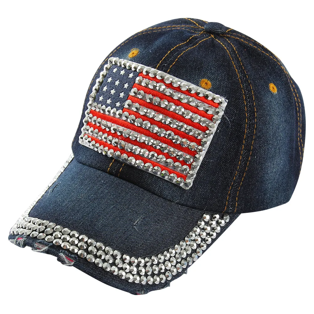 

HUOBAO Crystals Hip Hop Baseball Cap Red Navy America Flag Cap Women Denim Snapbacks Hat Bone Gorras