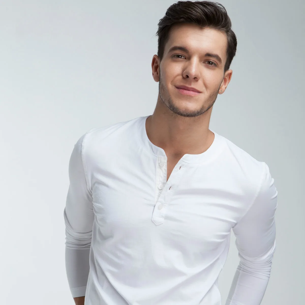 Slim-fit Henry Collar Long-sleeved T-shirt Men's Spring Solid Color Bottoming Shirt Pure White Tide Round Neck | Мужская одежда