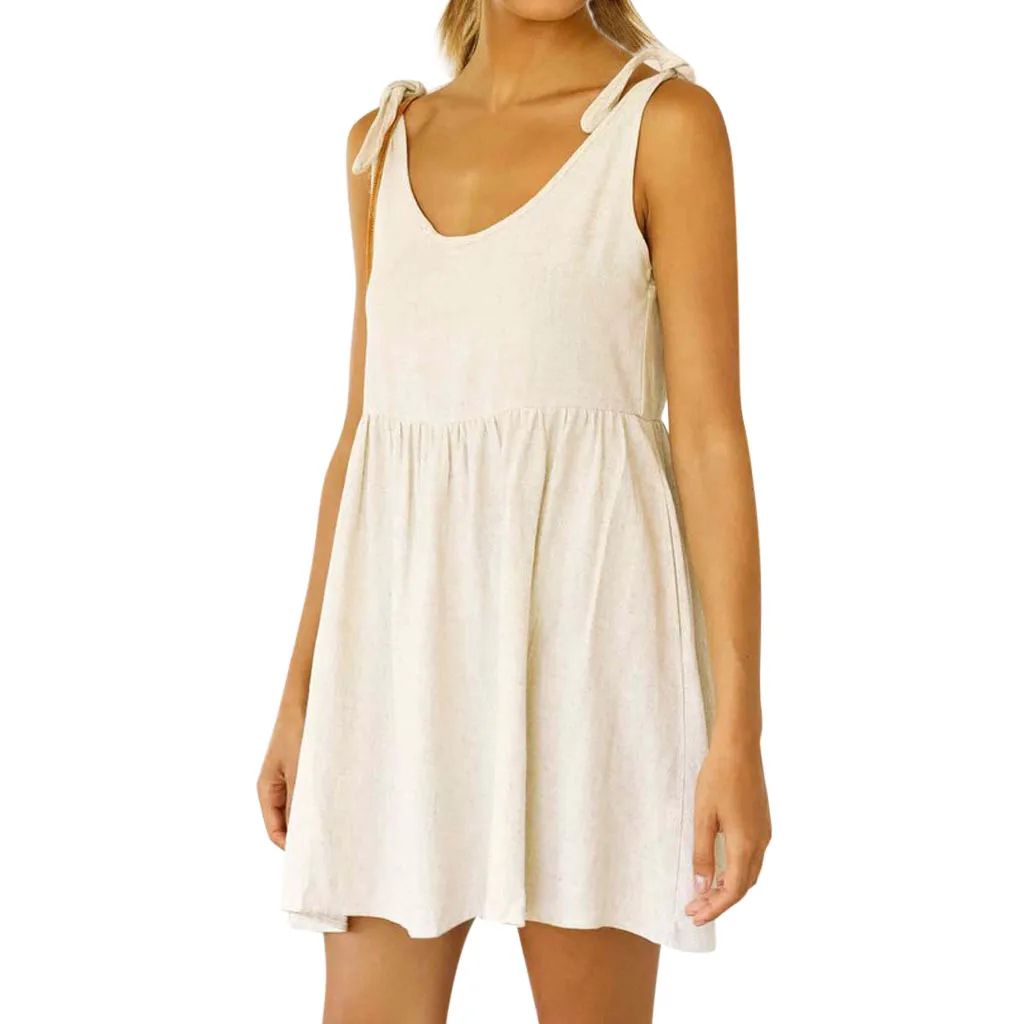 

Women Summer Sexy Cotton Linen Lace-up Sleeveless Solid Casual Short Mini Dress