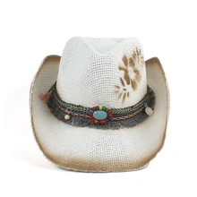 Fashion Women Painting Hollow Western Cowboy Hat Lady Straw Sombrero Hombre Straw Cowgirl Jazz Sun Caps Size 56-58CM