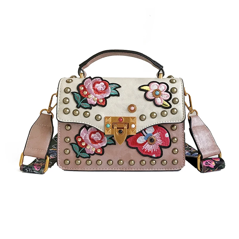 Drop Shipping New Fashion Rivet PU Leather Messenger Bag Flower Embroidery Girls Handbag Ladies Bags For Women 2018 Party Clutch
