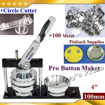 

NEW Pro N4 4":100mm Badge Button Maker Machine + Adjustable Circle Cutter+100 Set Metal Pinback Supplies